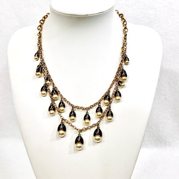 Talbots Gold Tone Necklace With Black Enamel Tulip Leaves & Faux Pearls - NWT - Picture 1 of 4